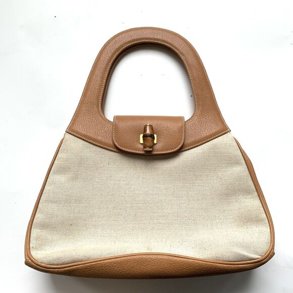 Vintage Authentic Gucci 90’s Leather Bamboo Canvas Shoulder Tan Preppy Classic - Picture 1 of 12